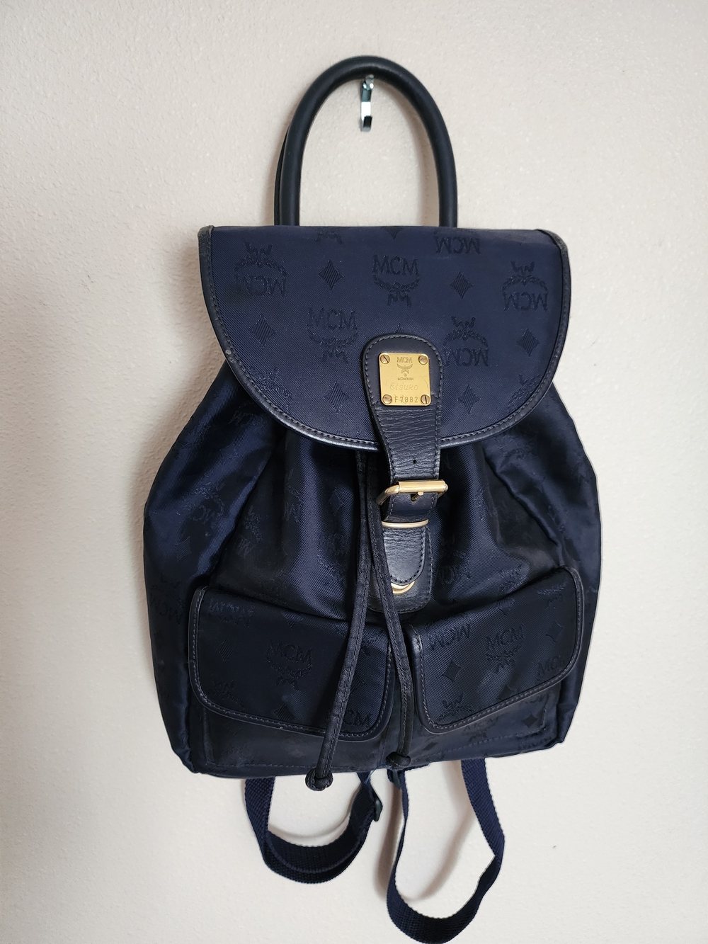 MCM Navy Logo Jacquard Backpack Small